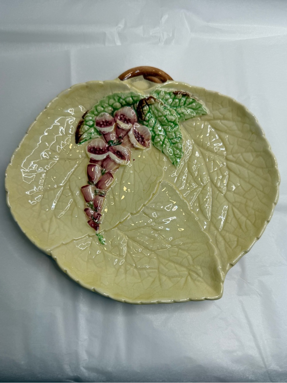 Vintage Carlton Ware Ceramic Yellow Leaf Dish w/Embossed Foxglove Pattern Leaves